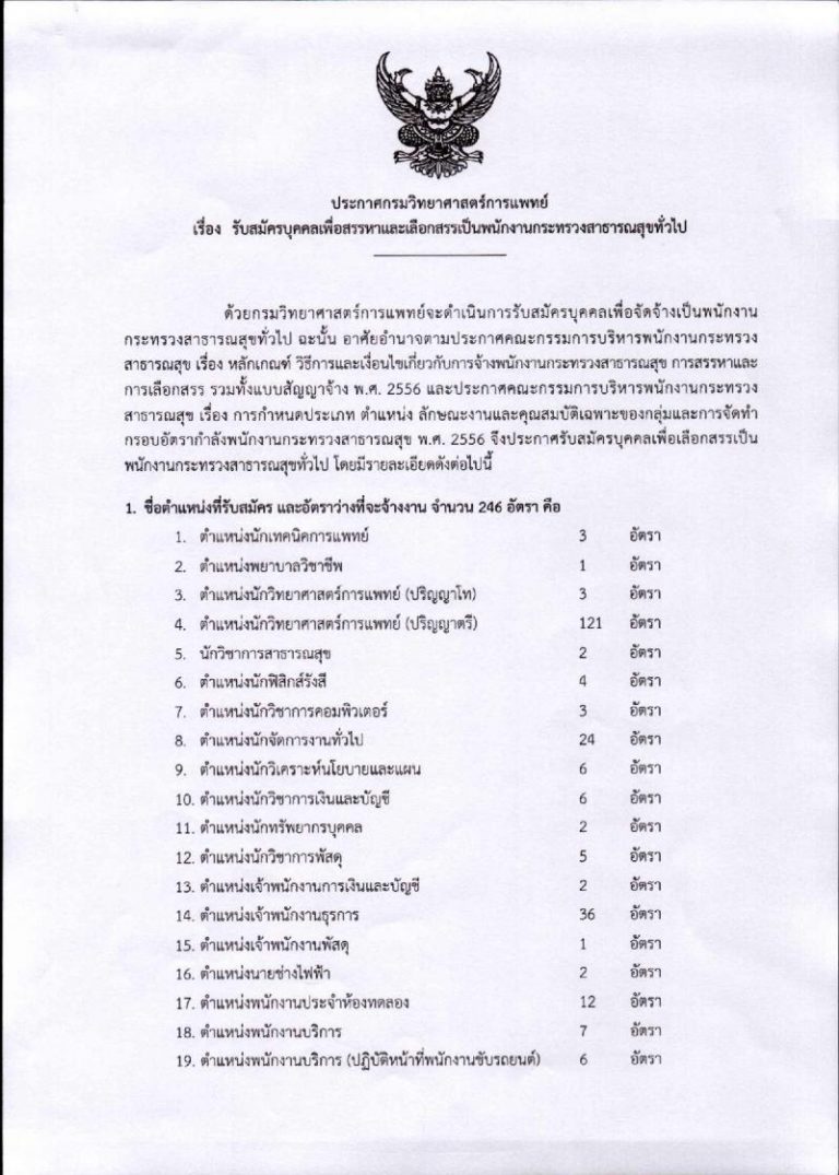 กรมวิทยาศาสตร์การแพทย์ ประกาศรับสมัครบุคคลเพื่อสรรหาและเลือกสรรเป็นพนักงานกระทรวงสาธารณสุขทั่วไป จำนวน 19 ตำแหน่ง 246 อัตรา (วุฒิ ม.ต้น ม.ปลาย ปวช. ปวส. ป.ตรี ป.โท ) รับสมัครสอบทางอินเทอร์เน็ต ตั้งแต่วันที่ 25-31 ส.ค. 2559