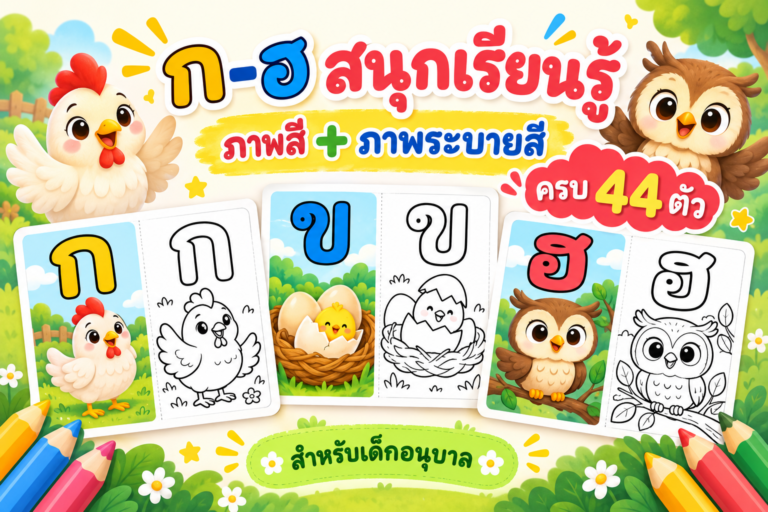 ก–ฮ สนุกเรียนรู้ — ภาพสีและภาพระบายสีครบ 44 ตัว